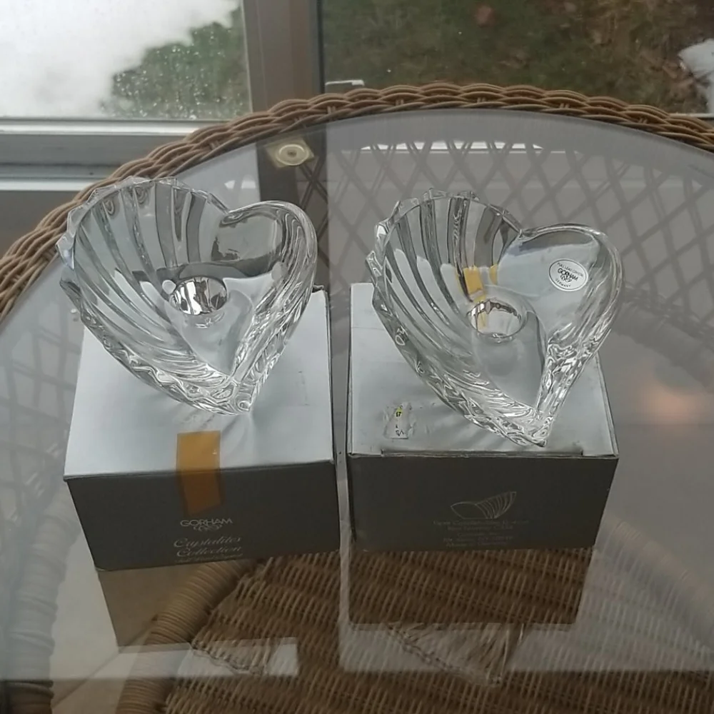 Gorham heart crystal candle holders, pair